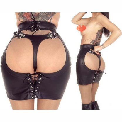 Black Faux Leather Lace Up Spanking Thong Skirt - Image 2