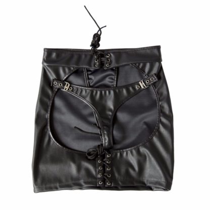 Black Faux Leather Lace Up Spanking Thong Skirt - Image 3